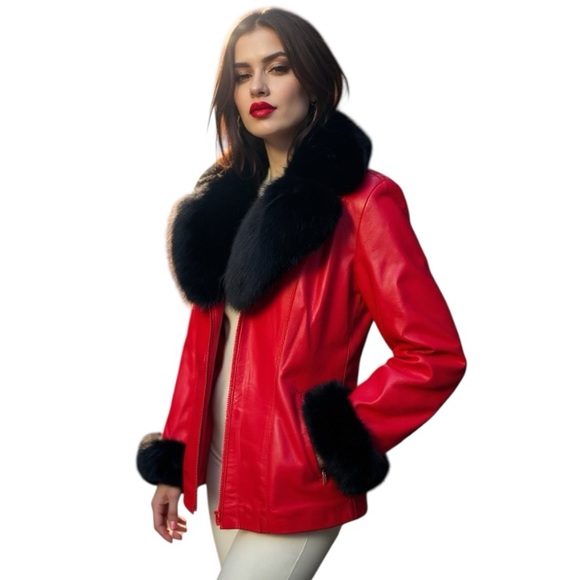 Chosen Couture Collection Jackets & Blazers - Vintage CHOSEN COUTURE Red Pebbled Leather Jacket Fox Fur Trim Women's Small